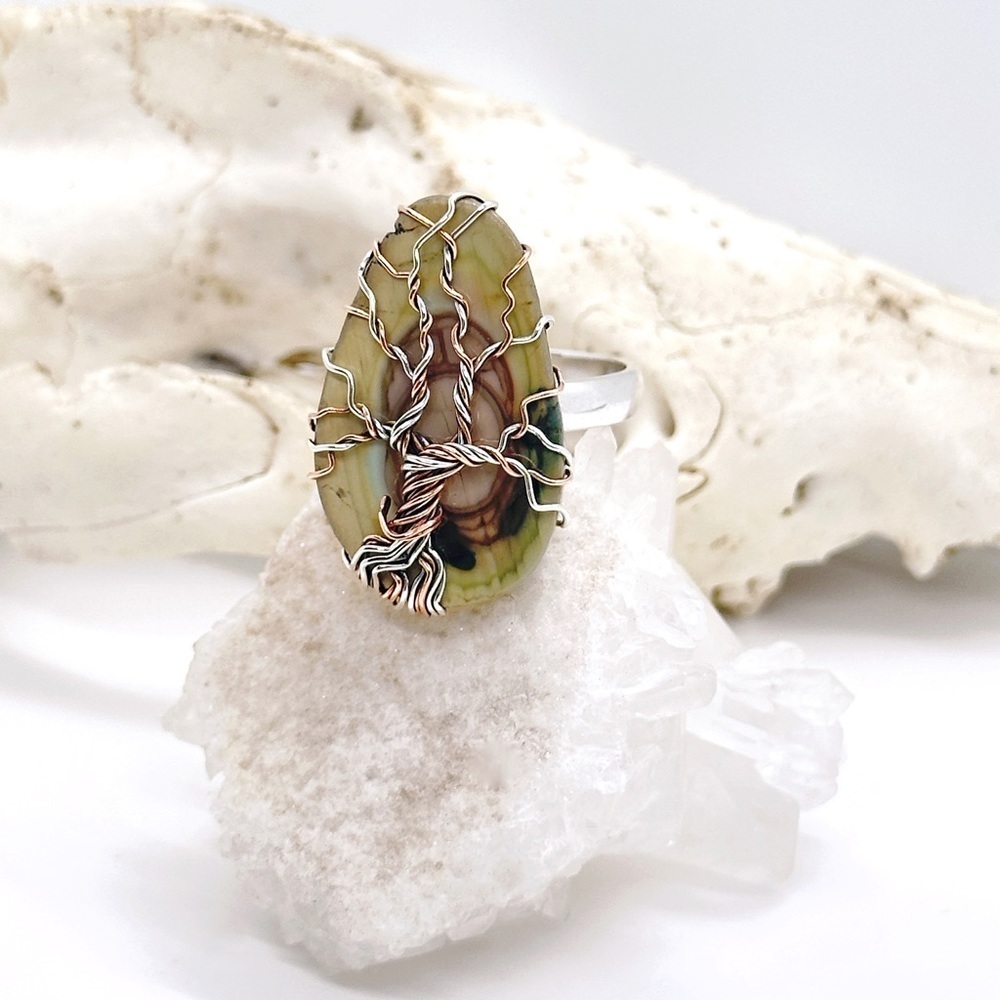 Imperial Jasper Sterling Silver & Copper Wire Wrapped Tree Of Life Gemstone Ring